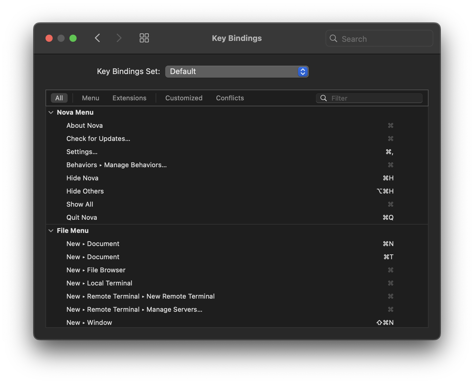Nova's Key Bindings settings. Nova's Key Bindings settings.