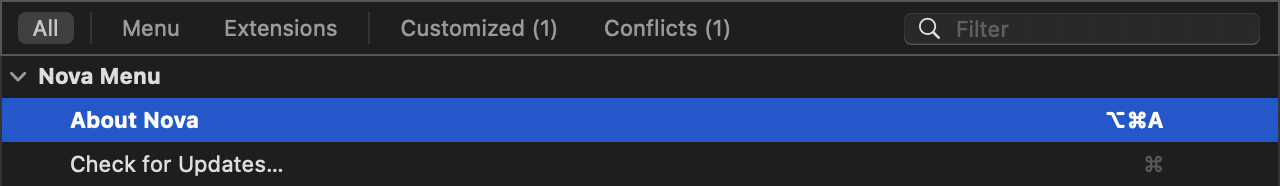The About Nova command has been set to Option+Command+A. The About Nova command has been set to Option+Command+A.
