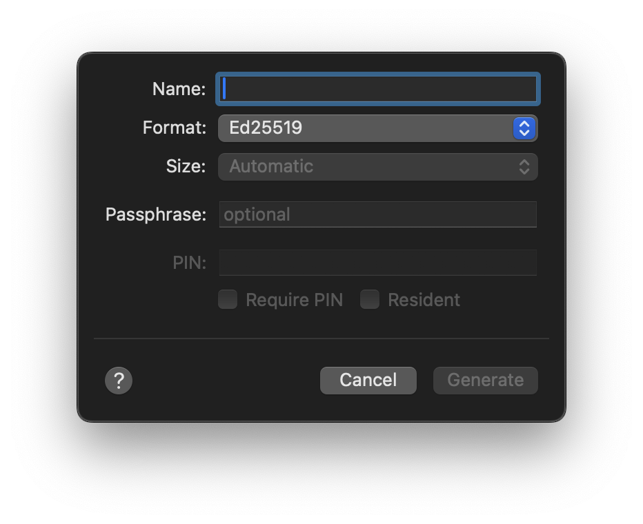 The dialog that appears for generating a new key.
