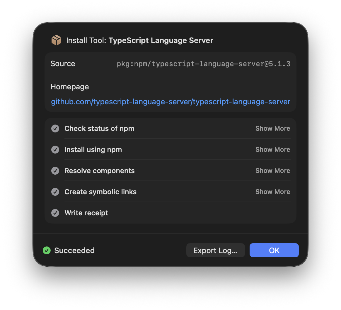 The installation log shown when installing a managed language server.