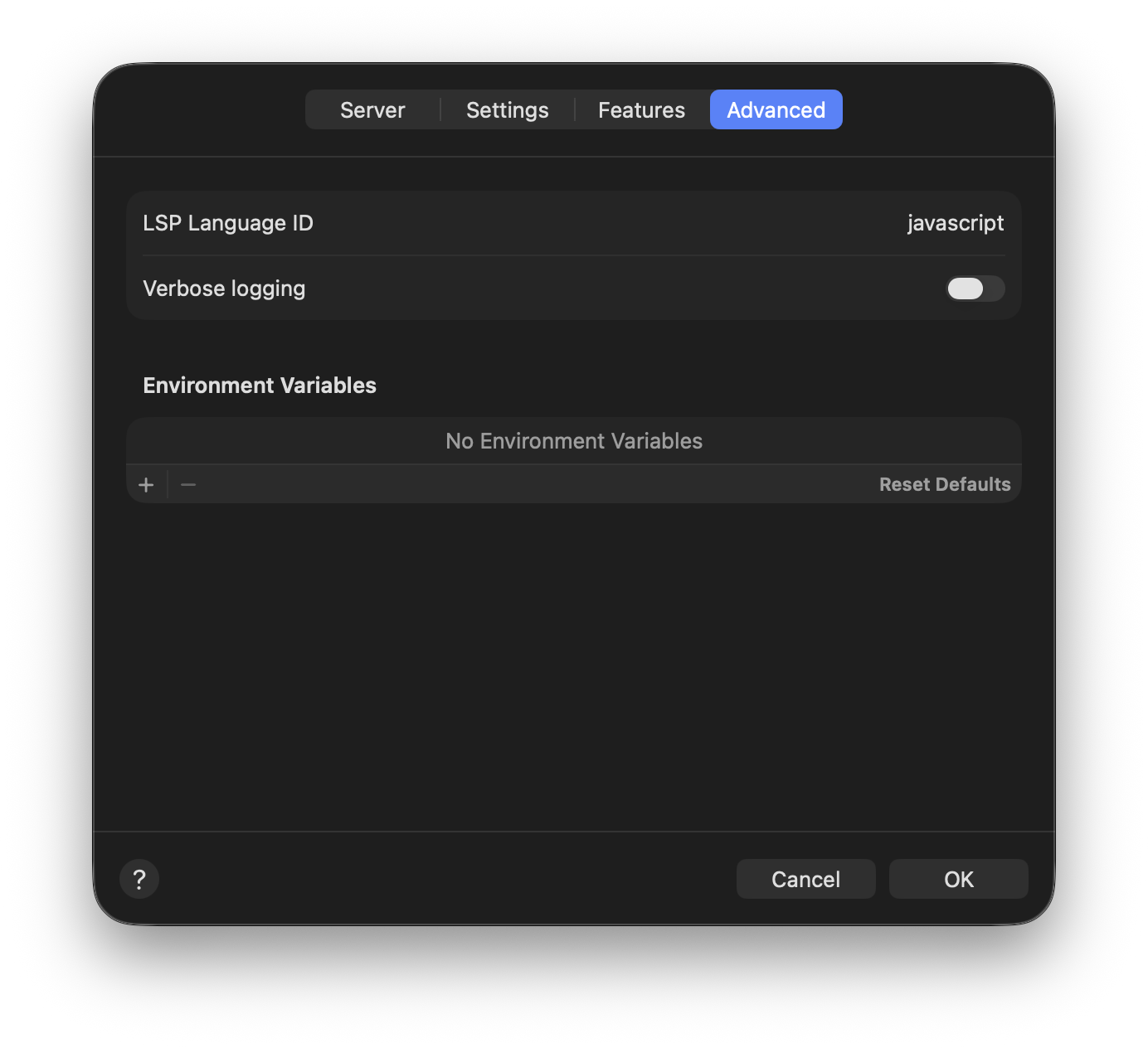 The Advanced tab for a language server.