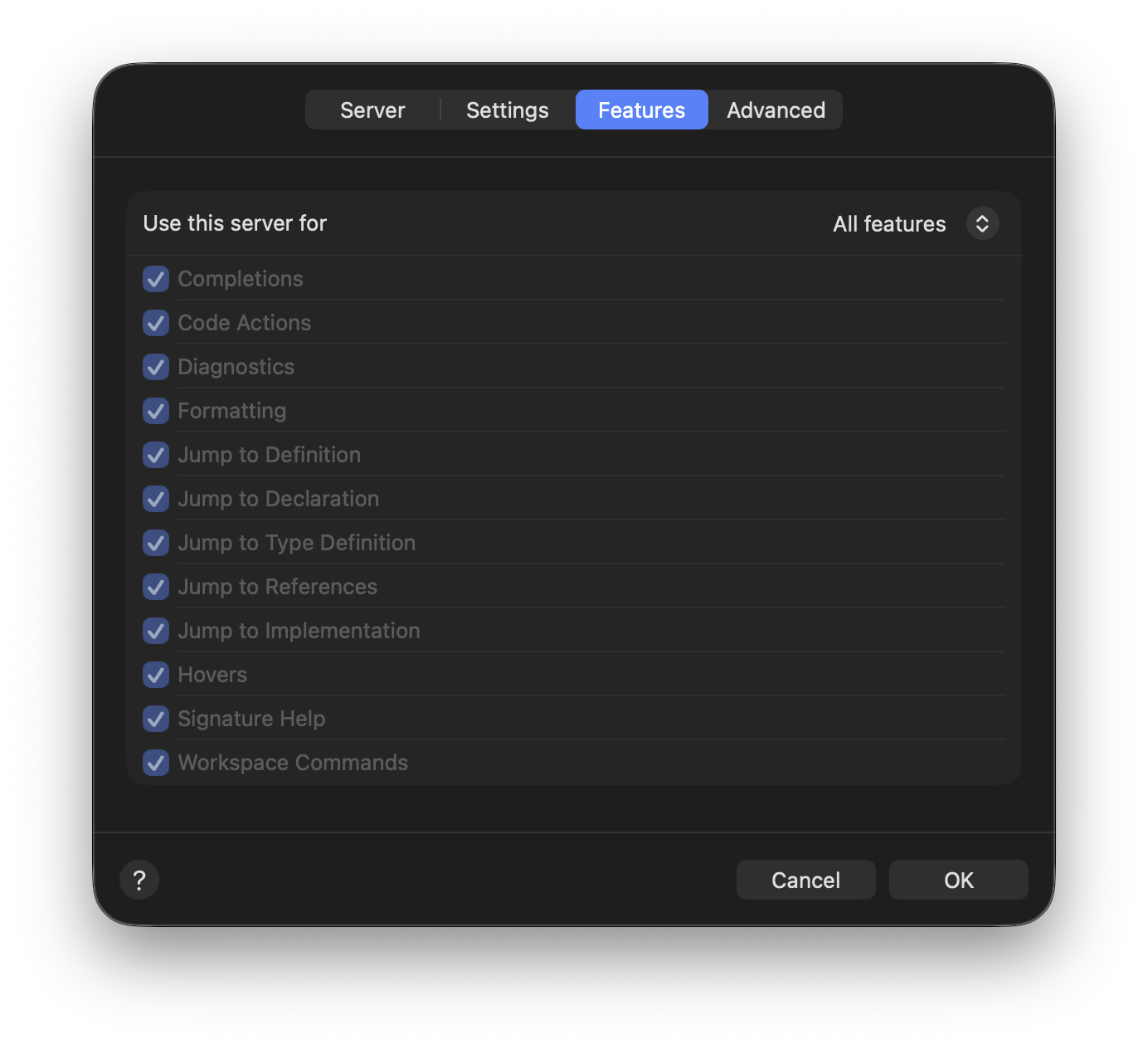 The Features tab for a language server.