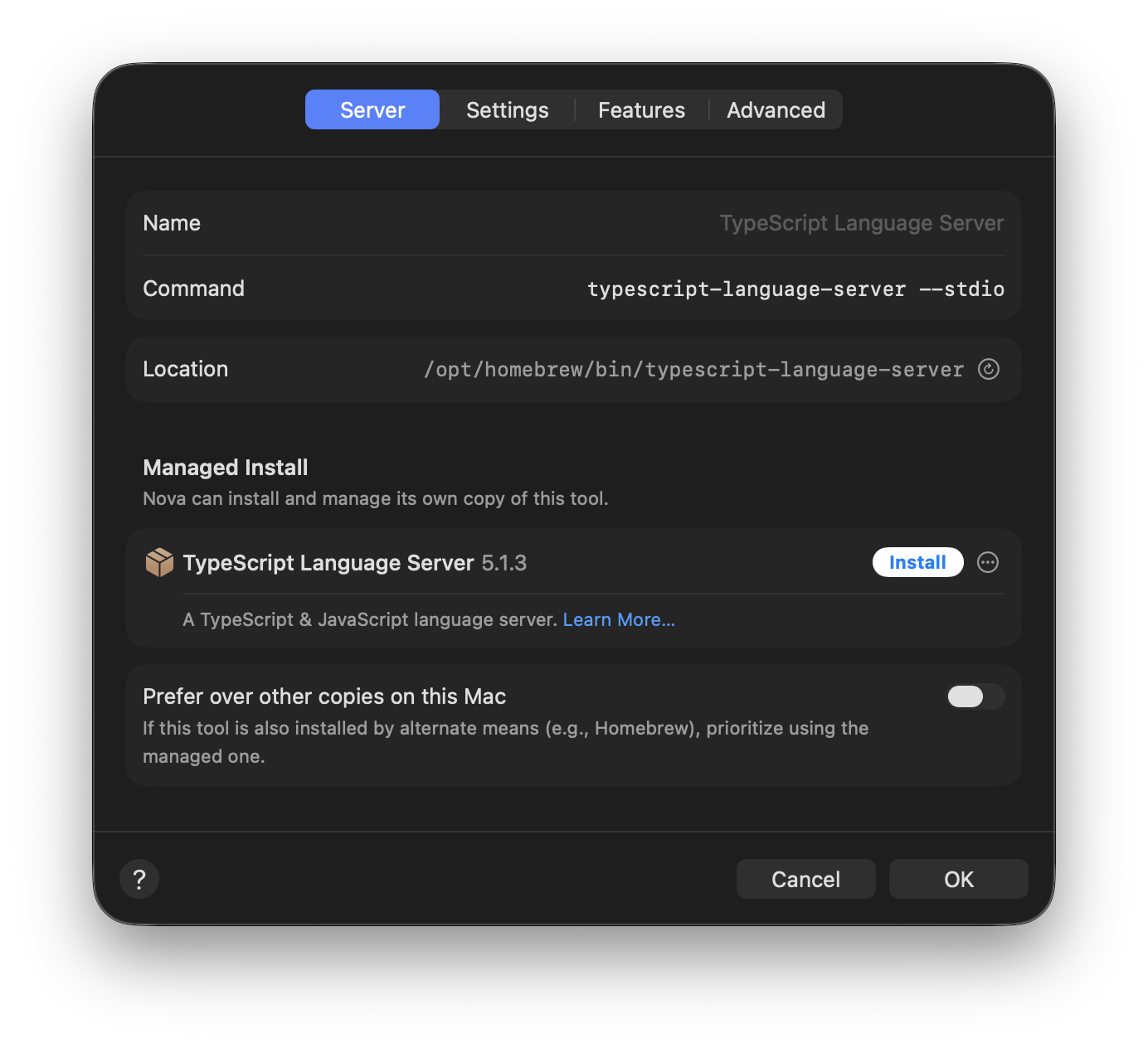 Viewing more details for the TypeScript Language Server.