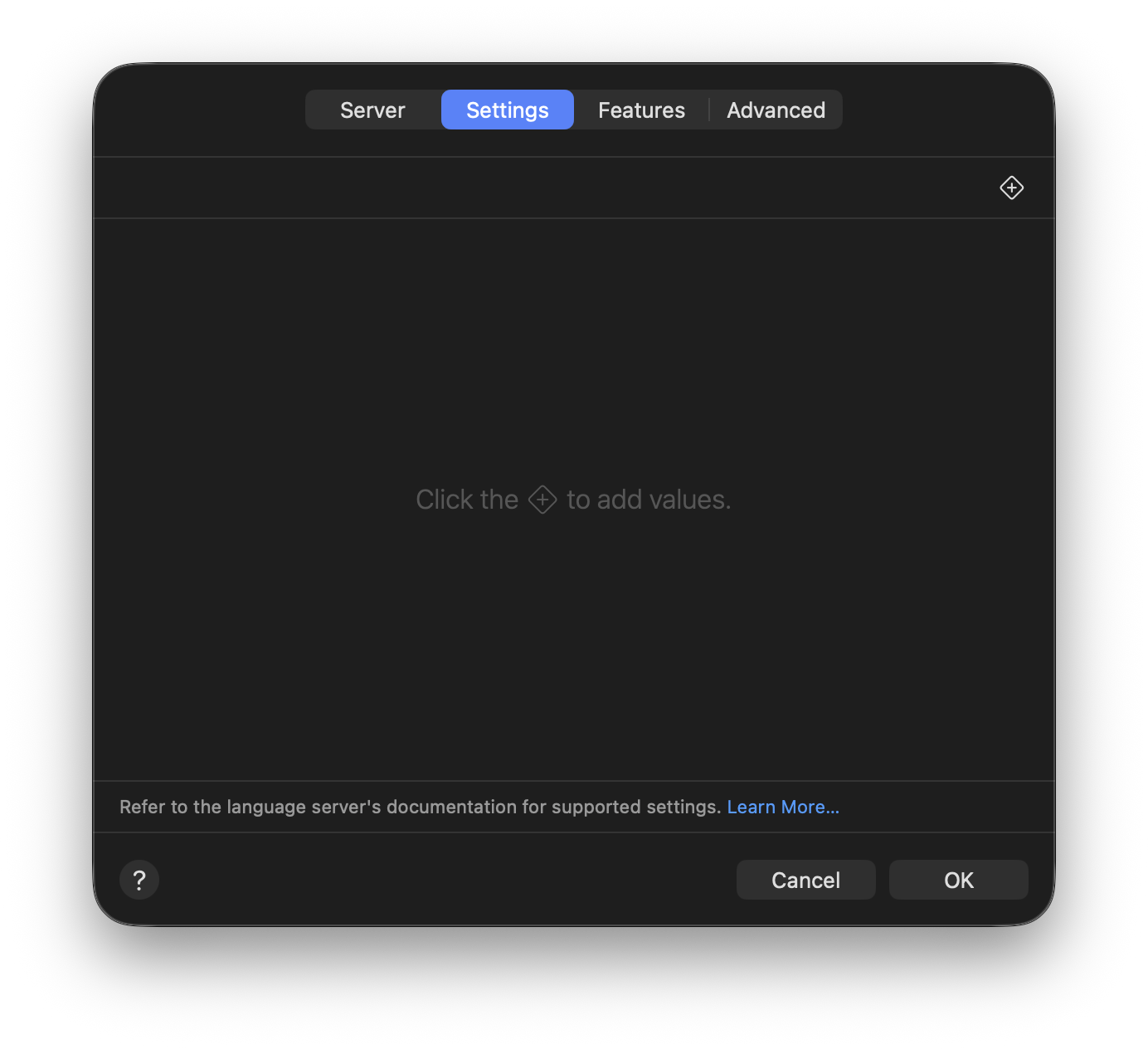 The Settings tab for a language server.
