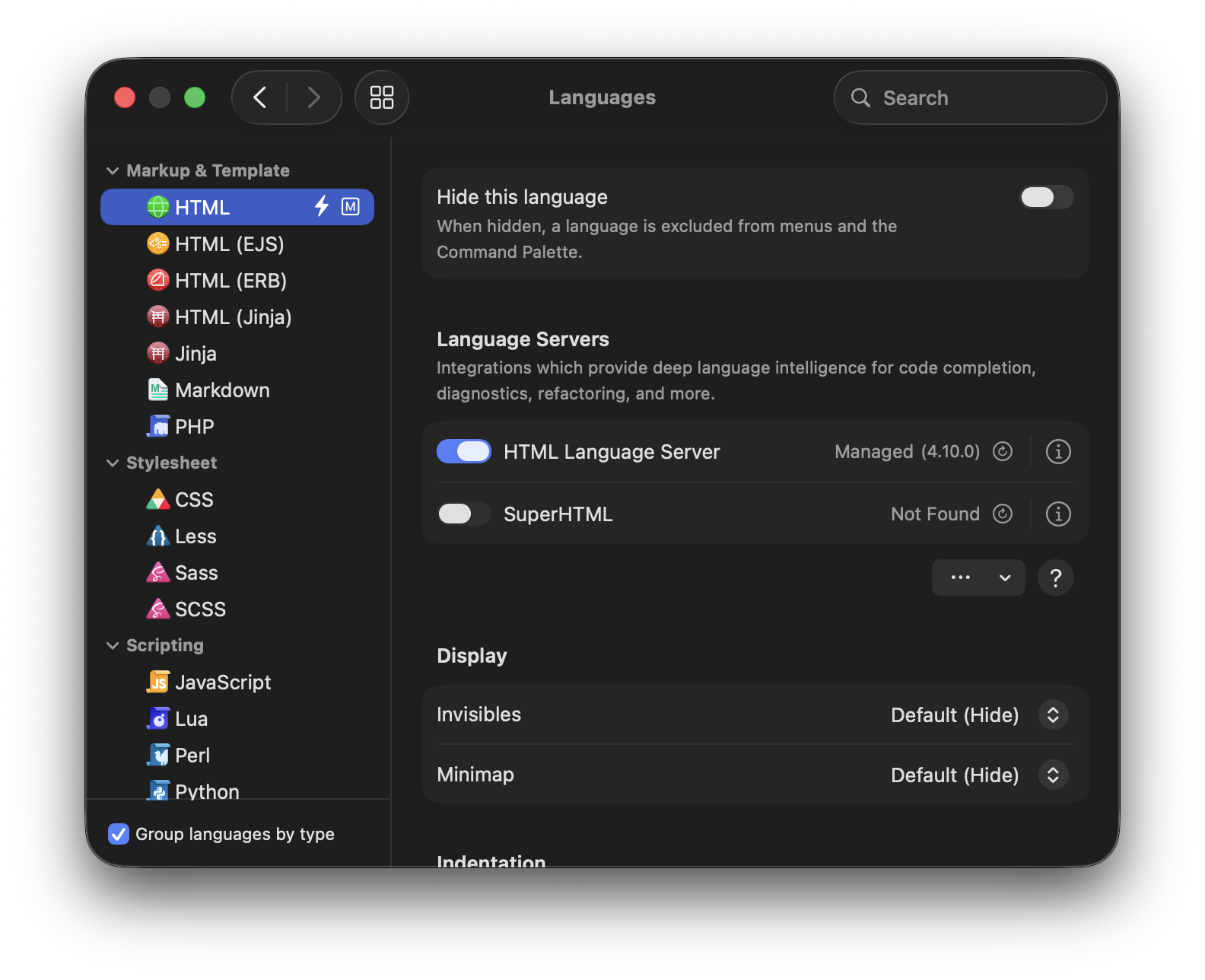 Novaの言語モード設定ペイン