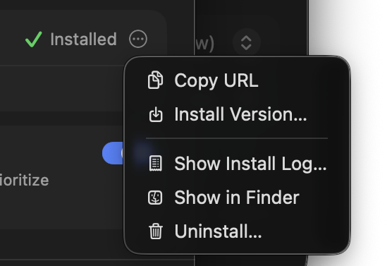 The context menu for a managed language server.
