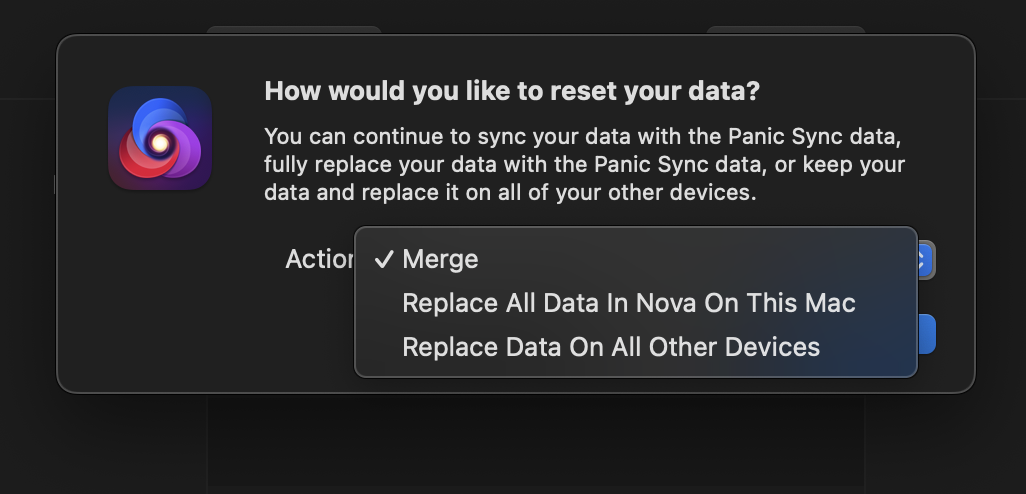 The available options when performing a Reset Sync. The available options when performing a Reset Sync.