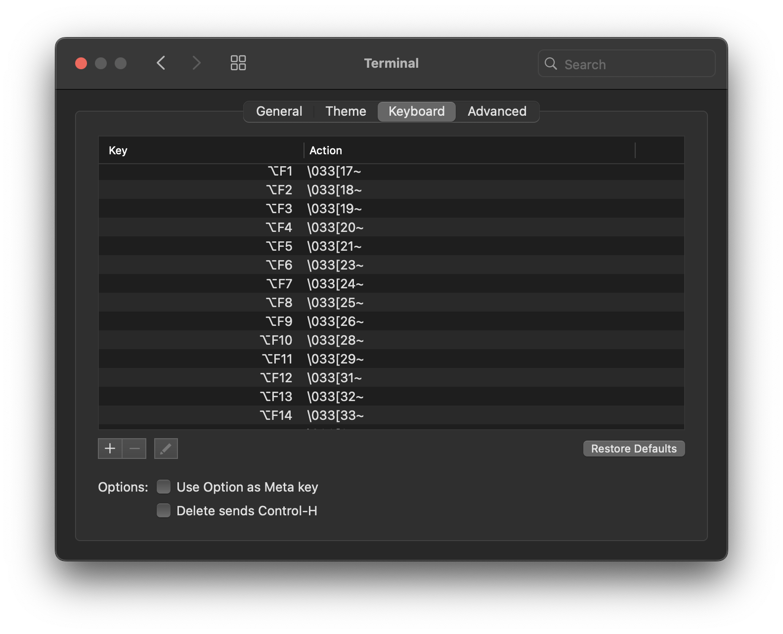 The Terminal > Keyboard settings pane. The Terminal > Keyboard settings pane.