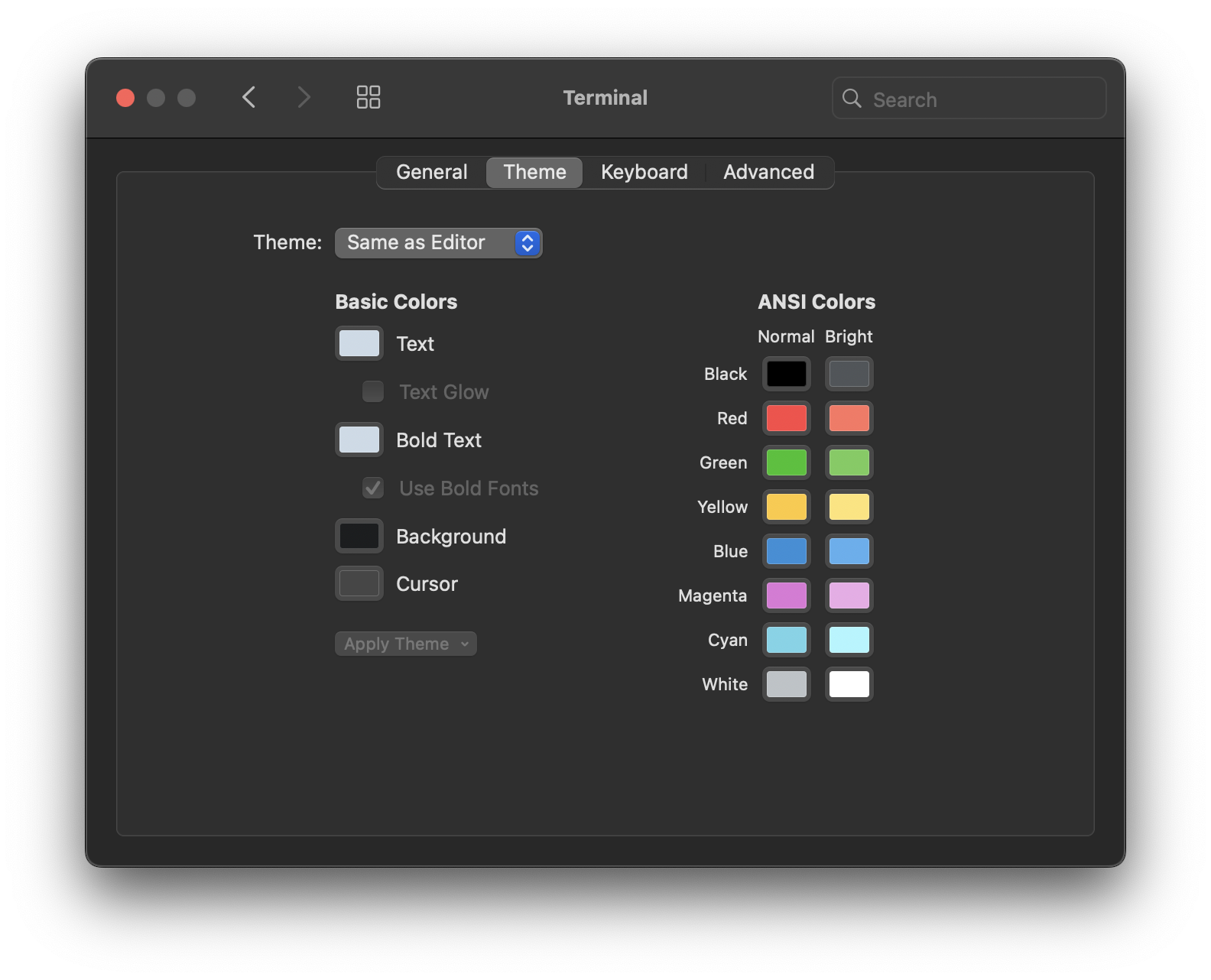 The Terminal > Theme settings pane The Terminal > Theme settings pane