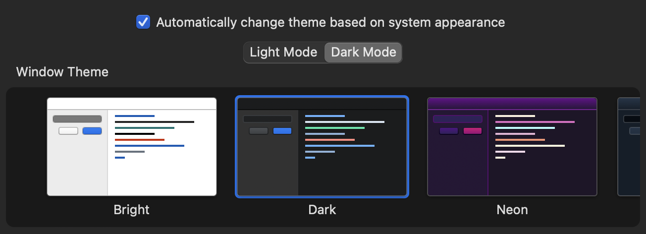Setting a Dark mode theme. Setting a Dark mode theme.