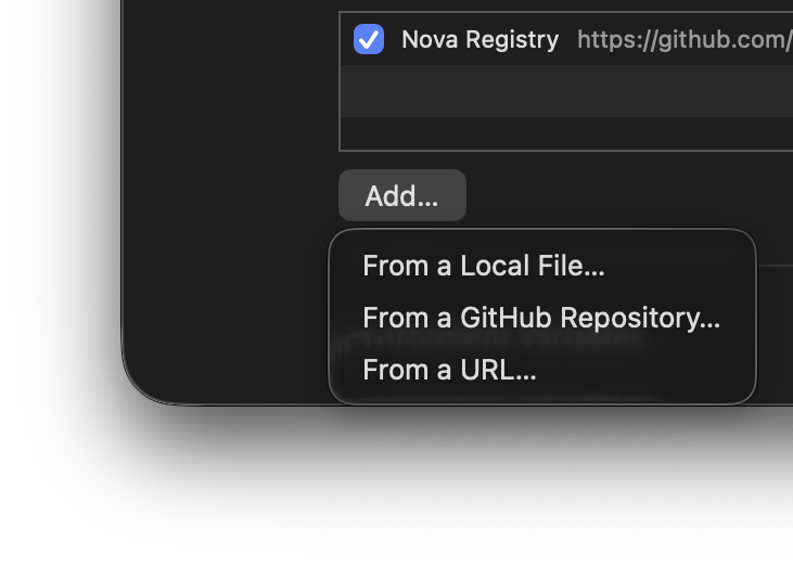 The menu for adding a tools registry to Nova.