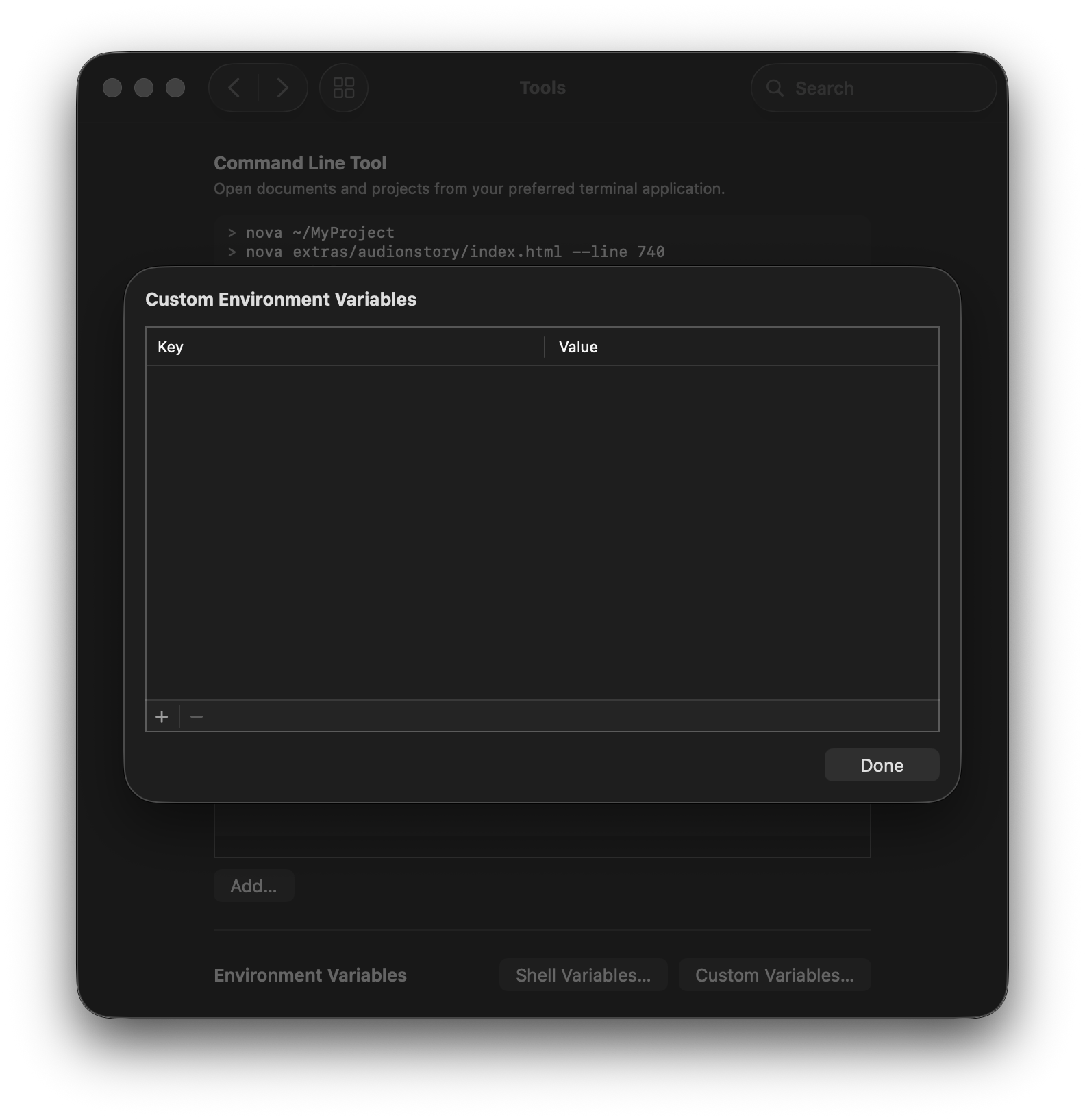 The view for adding custom environment variables.