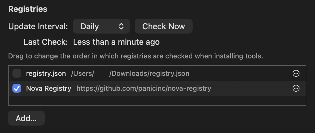 From the Tools settings, you can manage the refresh frequency and priority of tool registries.