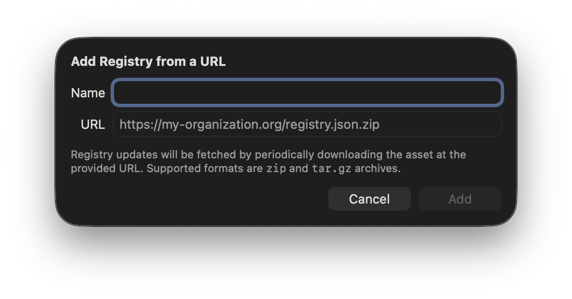 The interface for adding a registry from a URL.