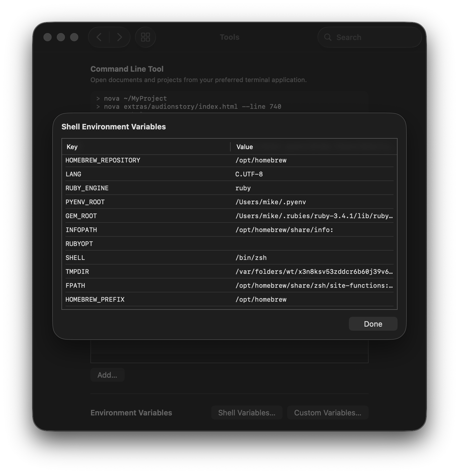 Viewing the environment variables used for Tasks.