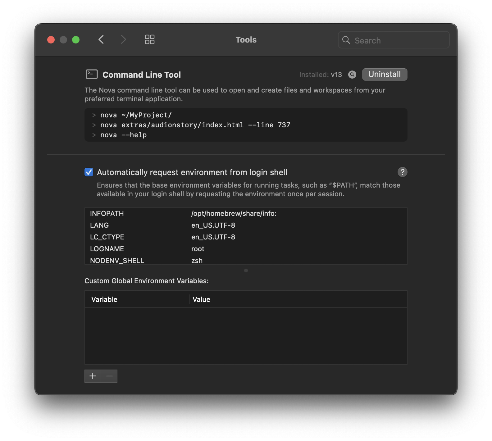 Nova's Tools settings. Nova's Tools settings.