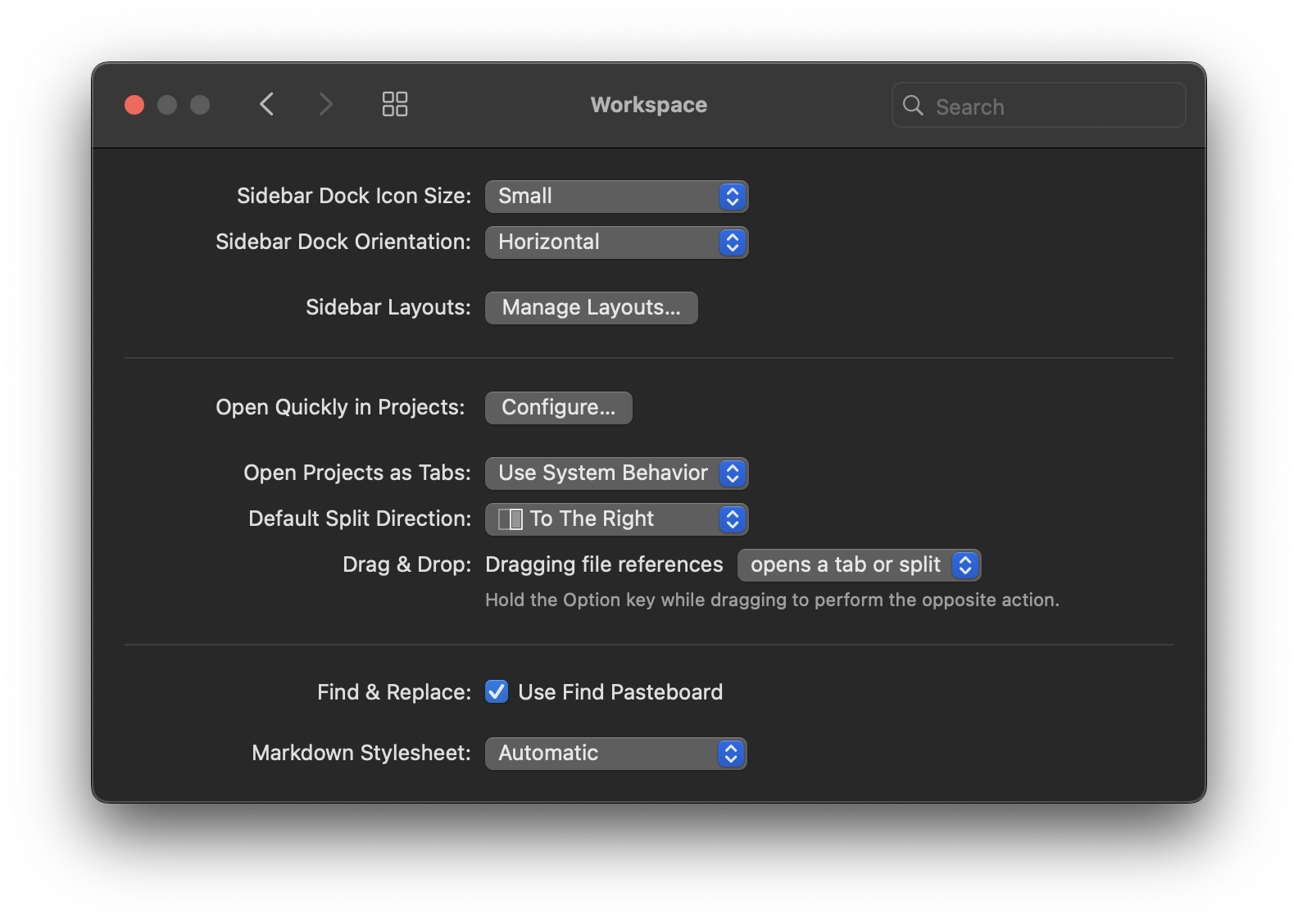 Nova's Workspace settings. Nova's Workspace settings.
