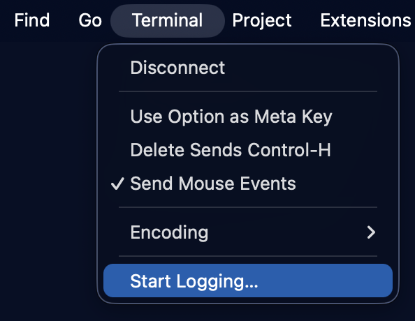 The menu item for creating a Terminal log.