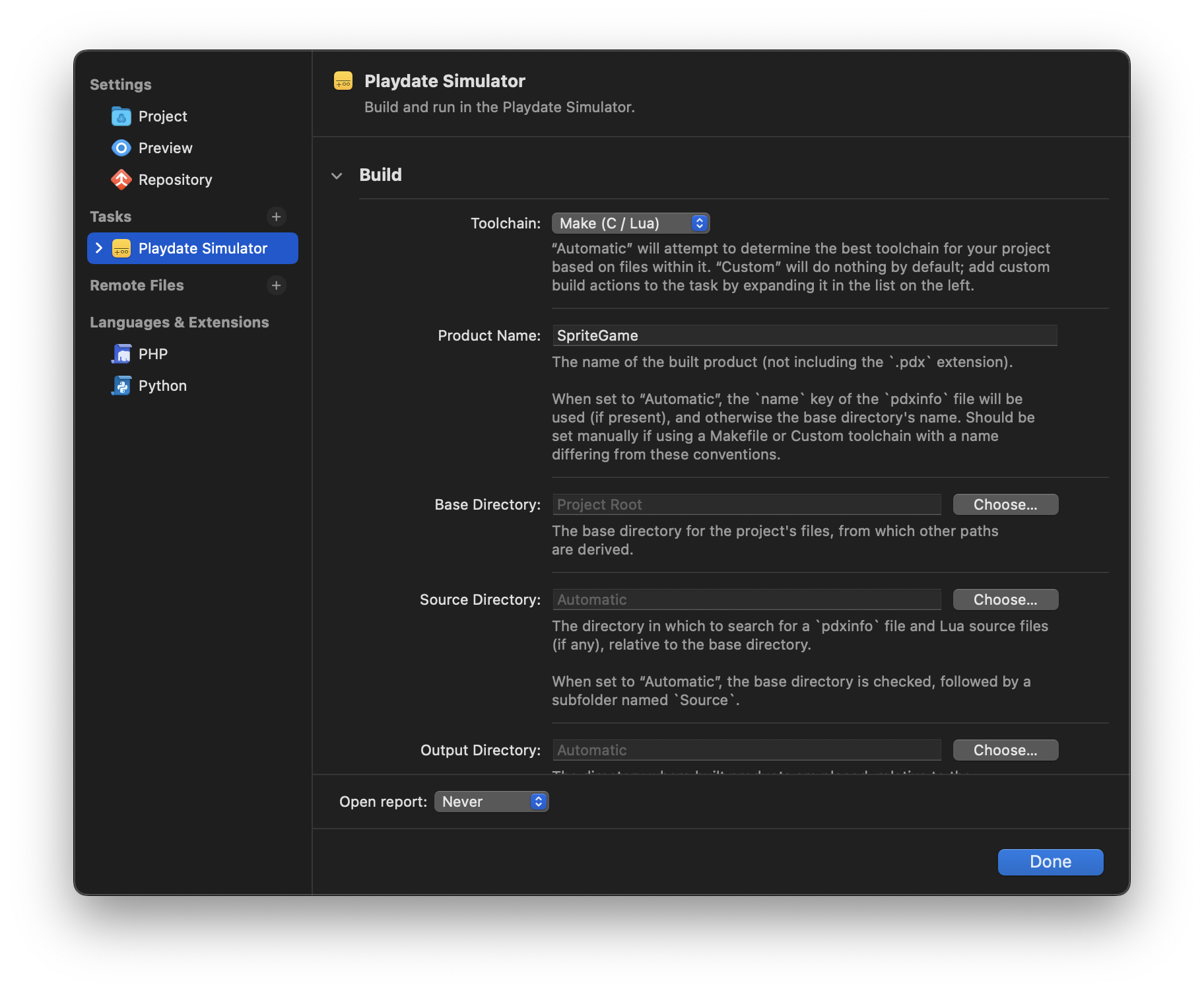 The available settings for the Playdate Simulator Task. The available settings for the Playdate Simulator Task.