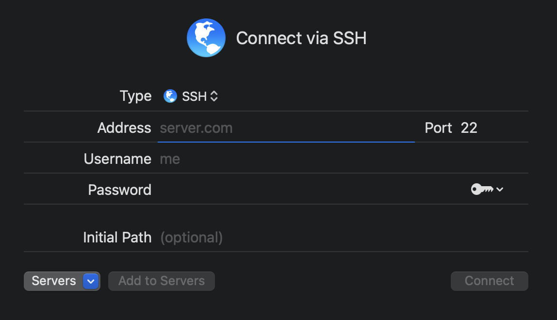 Entering server credentials for a Remote Terminal. Entering server credentials for a Remote Terminal.