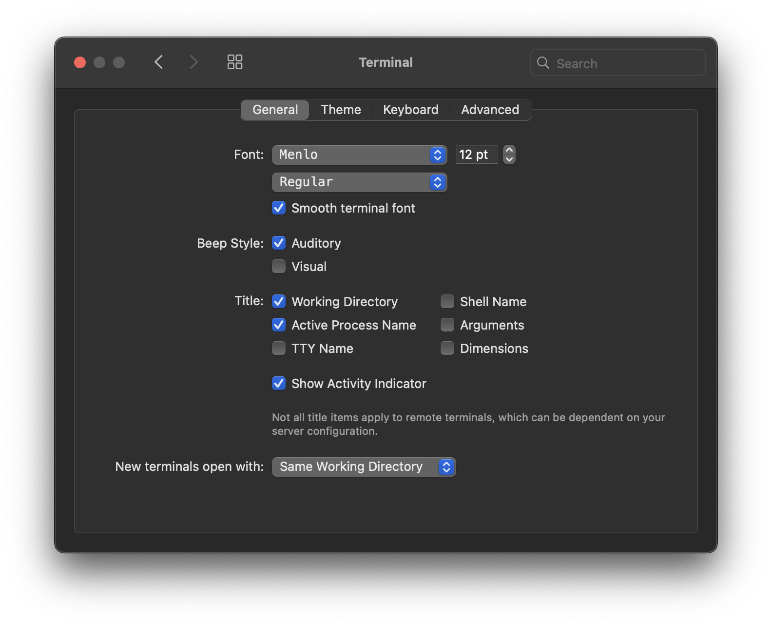 The Terminal settings pane. The Terminal settings pane.