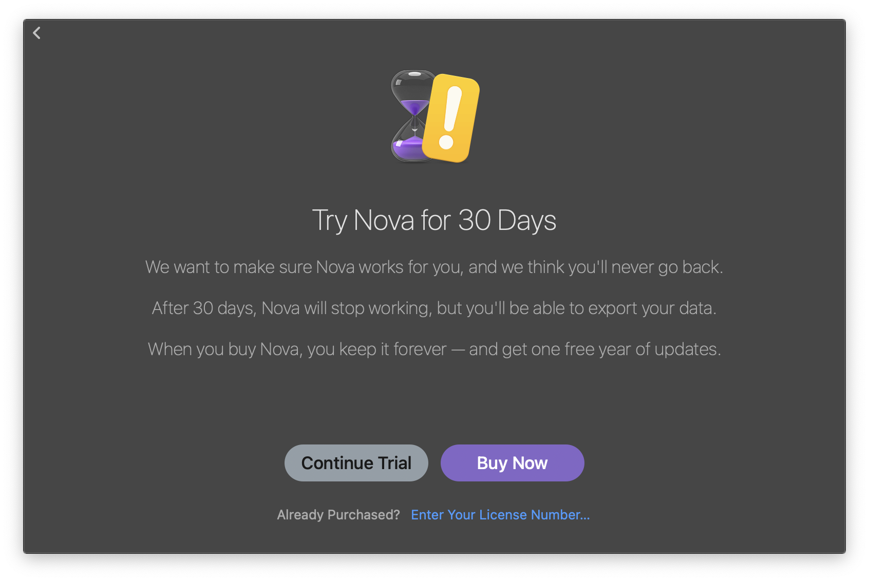 Choosing whether to use Nova's free trial or register a paid license. Choosing whether to use Nova's free trial or register a paid license.