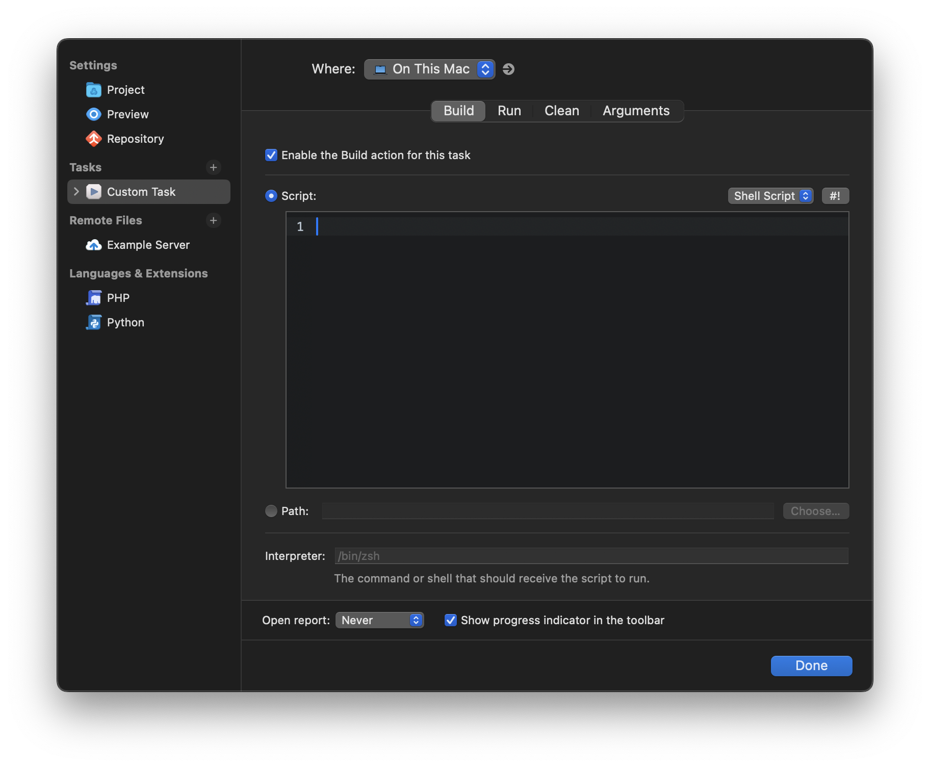 Configuring a Custom Task in Project Settings. Configuring a Custom Task in Project Settings.
