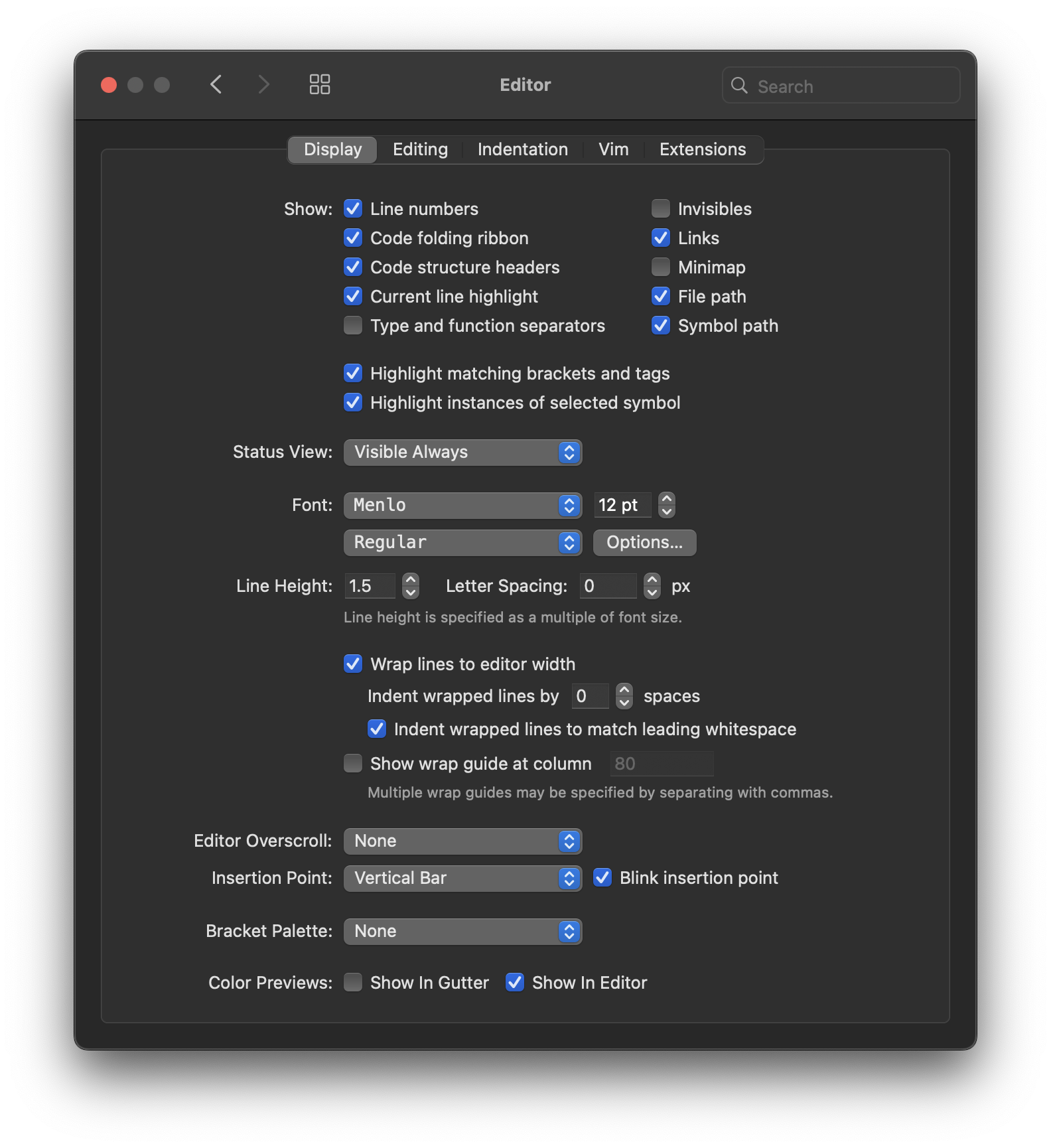 Nova's Editor settings pane. Nova's Editor settings pane.