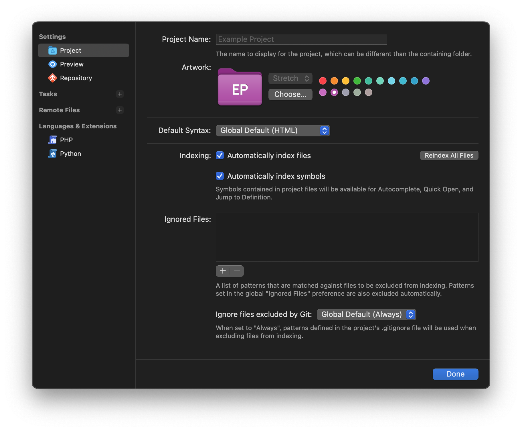 The Project Settings view. The Project Settings view.